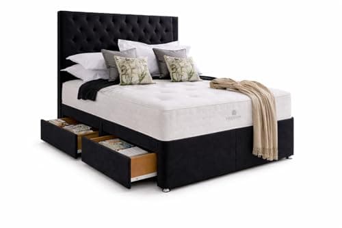 Image of CALISMA Designer Toro Plush Memory Spring Foam Divan Bed Set With Mattress, 2 Drawers (Same Side) and Headboard (Black Plush Velvet, 4FT6 Double)