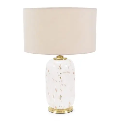Image of ValueLights | Gold Metal and White Confetti Glass Table Lamp with Natural Drum Lampshade | Home Décor, Bedside & Desk Lamp | Includes Bulb