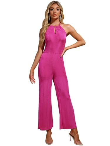 Image of Allegra K Halter Neck Jumpsuit for Women's Party Sleeveless High Waist Wide Legs Rompers Hot Pink S