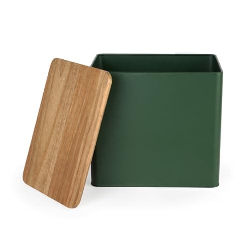 Image of Salter Toronto Green Bread Bin – FSC®-Certified Acacia Wooden Lid, Powder Coated Finish, Easy Clean, Store Loaves, Bagels, Pastries, Large Bread Bin Storage Container, Holds 2 Loaves, 28 x 20.5 x 25cm