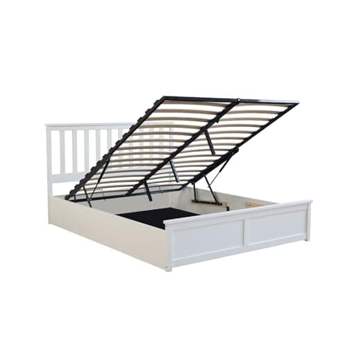Image of White Double Ottoman Bed Frame with Storage – 4ft6 Pine Wood, Lift-Up Slats, Modern Stylish Design, Bedroom Furniture