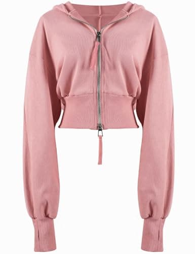 Image of Arssm Cropped Hoodie Women Zip Up Long Sleeve Sweatshirts Casual Fashion Hooded Workout Jacket Crop Top, Pink, S