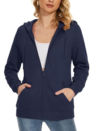 Image of MAGCOMSEN Women's Fleece Hoodies Full Zip Lightweight Sweatshirt Ladies Winter Warm Jacket Tops with Drawstring,Navy,M