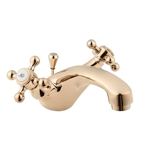 Image of Deva Tudor Bathroom Basin Mixer Tap in Gold - With Pop Up Waste - Dual Cross Handle - Hot & Cold Taps - Victorian Era Deck Mounted Bathroom Basin Single Hole Brass Faucet - TUD113/501