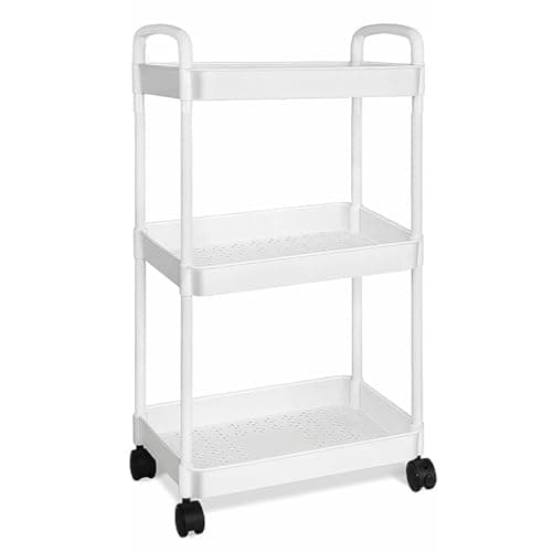 Image of 3 Tier Storage Trolley Cart on Wheels, Slim Rolling Utility Cart with Handle, Mobile Storage Shelving Organizer for Kitchen, Bathroom, Laundry Room, Bedroom, Narrow Places, Plastic (Cream White)