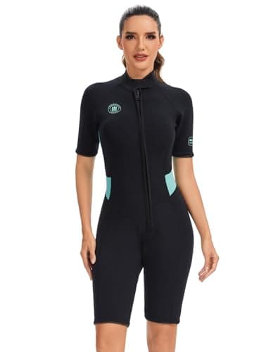 Image of Lemorecn 2mm Shorty Wetsuit Women, Front Zip Wetsuits, Ultra-Stretch Neoprene Thermal Swimsuit Diving Suit for Swimming Surfing Kayaking Snorkeling & Water Sports (UK0225-GREEN-XL)