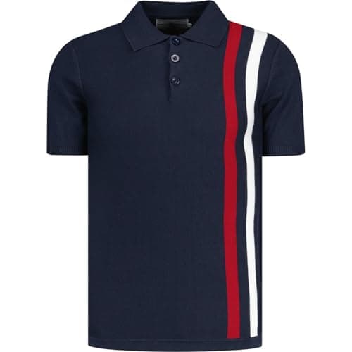 Image of Madcap England Men's Polo Shirt Retro Mod Racer Racing Stripe Knitted Short Sleeve 60s 70s Slim Fit Beck MC1037 (UK, Alpha, XXL, Regular, Regular, Navy Blazer)