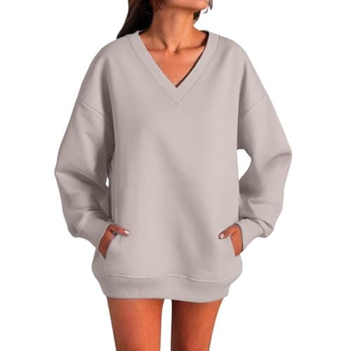Image of Cocila Sweatshirts for Women Uk Long Sleeve Tops V Neck Pullover with Pockets Autumn Winter Windproof Warm Solid Color Soft Comfy Sportwear Jumpers Beige S