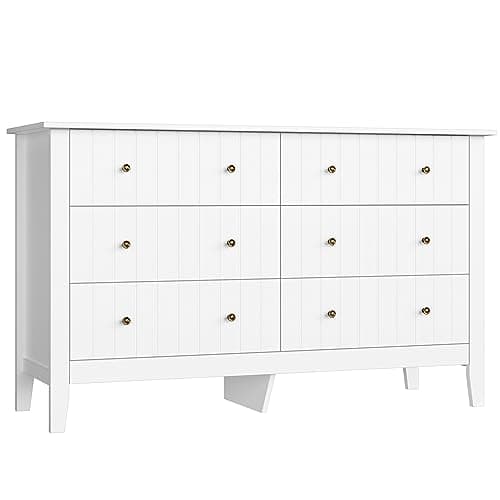 Image of FOREHILL White Chest of Drawers with 6 Drawers Sideboard Wooden Storage Cabinet for Bedroom Living Room 133x45x79.5cm