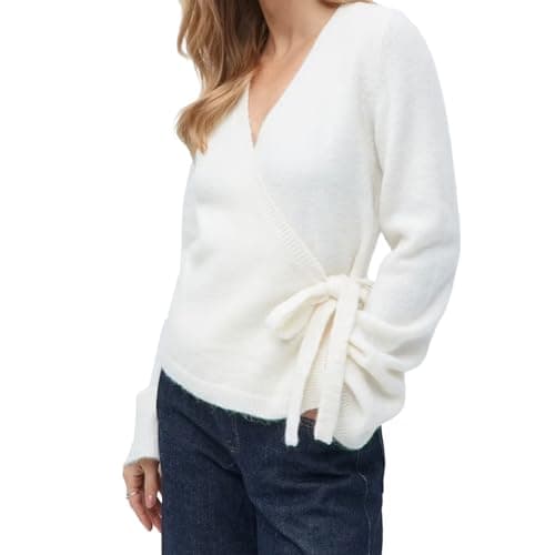 Image of Women's Tie Front Wrap Tops Solid V Neck Long Sleeve Crop Knit Pullover Tops Y2K Aesthetic Clothes (A-White, S)
