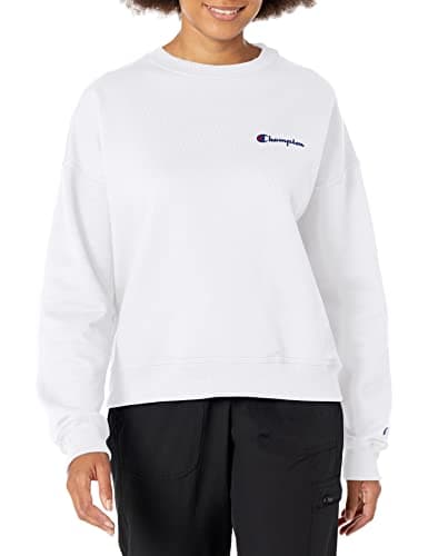 Image of Champion Women's Powerblend Relaxed Crew, Crewneck Sweatshirt, Best Sweatshirts for Women, Script, White Small Script, Medium