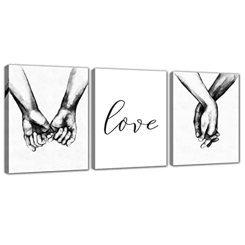 Image of BLUE RED CYAN Black & White Love Prints Hand In Hand Wall Art Framed 3 Pieces Aesthetic Pictures Minimalist Shadow Love Artwork 12x16 Inches Decoration Couples Paintings Home Room Bedroom Decor