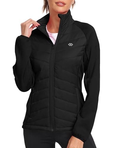 Image of MoFiz Women's Lightweight Quilted Jacket Packable Hybrid Puffer Jackets Stand Collar Casual Transition Coat with Zip Pockets Black US L