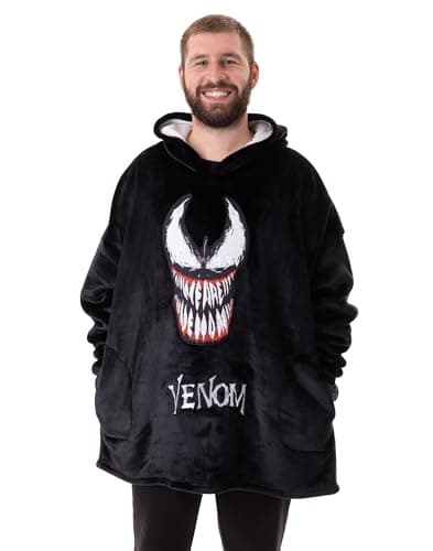 Image of Marvel Venom Mens Wearable Blanket Hoodie | Adults Fleece Hooded Pullover in Black with Venom Character | Sherpa Lined Loungewear with Pockets | Official Comics Superhero Movie Merchandise Gift