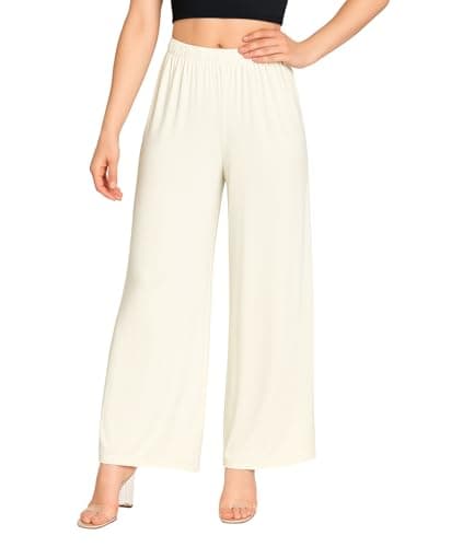 Image of STAR FASHION Long Palazzo Trousers for Women's Flared Wide Leg Palazzo Full Length Plain Ladies Elasticated Stretchy Trouser Pants Cream 16-18