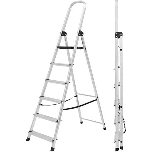 Image of Lightweight Step Ladders 6 Step 71.2'' (181cm) 330.6lbs (150 kg) Max Load - Compact Aluminium Stepladder with Non-Slip Wide Step, Portable Silver Color - Tall Folding Ladder with Platform