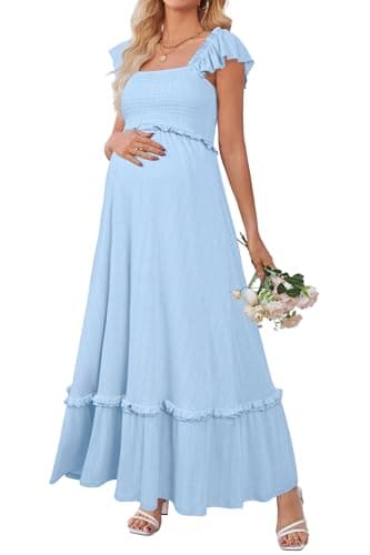 Image of OUGES Womens 2025 Summer Maternity Baby Shower Dress Casual Boho Maxi Smocked Maternity Photoshoot Dresses Ruffle Sleeve Square Neck Gender Reveal Dress Pregnancy Must Have Clothes (Sky Blue,XL)