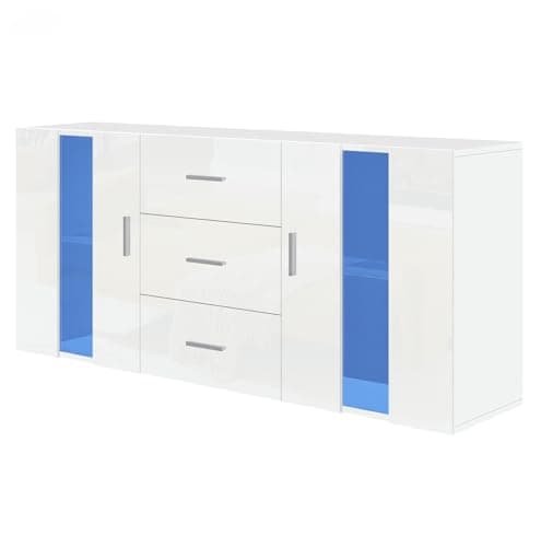 Image of Panana Modern Sideboard High Gloss Fronts Storage Cabinet Cupboard with 3 Drawers and 2 Doors RGB LED Lights Living Room Hallway (White)
