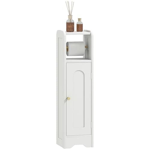 Image of HOMCOM Small Bathroom Storage Cabinet, Freestanding Toilet Roll Holder, Slim Bathroom Cabinet with Adjustable Shelf for Small Spaces, White