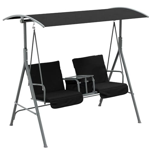 Image of Outsunny 2 Seater Garden Swing Chair Patio Rocking Bench w/Tilting Canopy, Double Padded Seats, Storage Bag and Tray, Black
