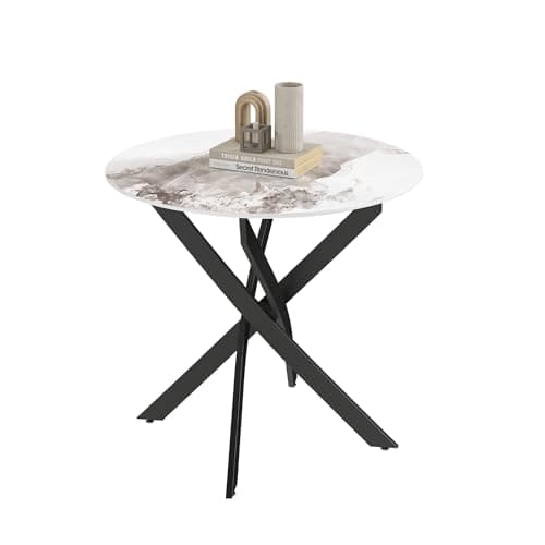Image of GOLDFAN Round Dining Table 80cm High Gloss White Marble Kitchen Table with Black Metal legs for Dining Room, Office, Apartment