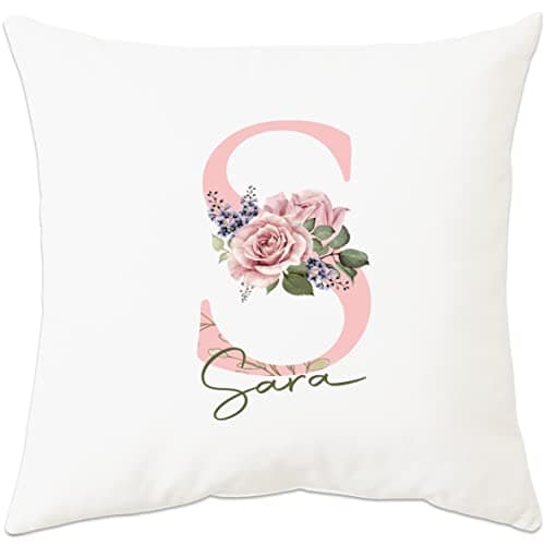 Image of PB TECH Personalised Pillow Cushion Cover, Customise Name And floral Initial Cushion Cover 40x40CM Custom Gift For Her Him Couple Family Friend Christmas Birthday Anniversary (Double-sided Print)