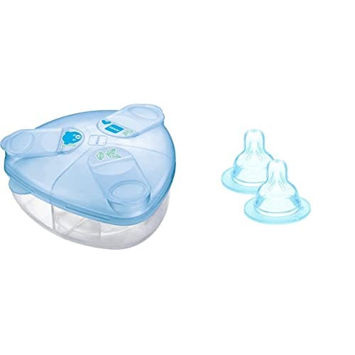 Image of MAM Milk Powder Box, Formula Milk Powder Dispenser Stores 40 g Per Serving, Blue & Teats Size 2, Suitable for 2+ Months, MAM Medium Flow Teats with SkinSoft Silicone, Pack of 2