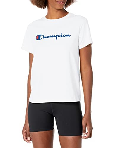 Image of Champion Women's, Classic Short Sleeve T-Shirt, Lightweight Tee, Script Logo (Plus, White, XS