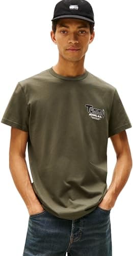 Image of Tommy Jeans Men’s Short Sleeve Round Neck Slim Font Play T-Shirt, Green (Pewter Green), L