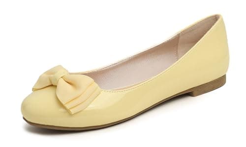 Image of Feversole Women's Round Toe Cute Bow Trim Ballet Flats Dolly Shoes Yellow Patent 5 UK