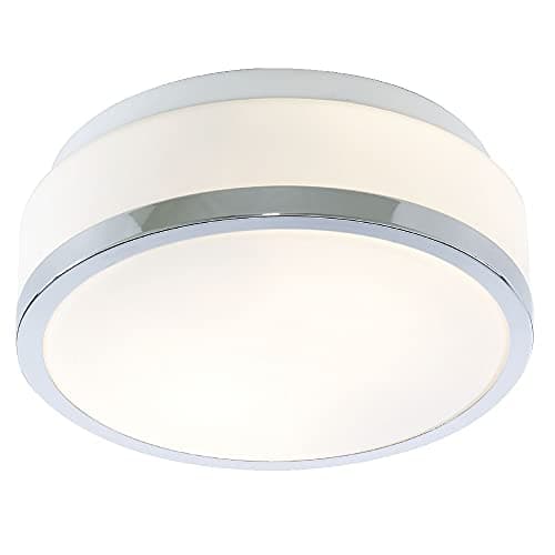 Image of Britalia Polished Chrome Trim & Opal Glass Shade Bathroom Modern Round Flush Ceiling Light 230mm | 2 x E27 ES Lamp Bulbs Required (Not Included) | IP44 Rated | Suitable for Outdoor Use