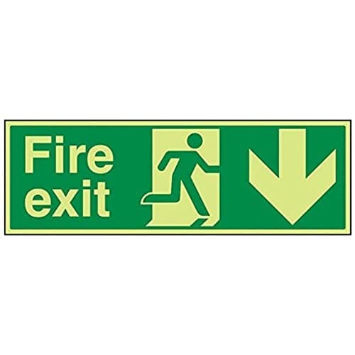 Image of V Safety Glow In The Dark Fire Exit Arrow Down Sign - 600mm x 200mm - Rigid Plastic