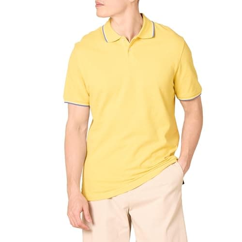 Image of Amazon Essentials Men's Slim-Fit Cotton Pique Polo Shirt, Yellow Thin Stripe, M