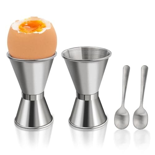 Image of 4-Piece Set Stainless Steel Egg Cups with Spoons, Hard & Soft Boiled Egg Holder Stand, Metal Jigger Kitchen Tool for Breakfast Dining Home Party Cafe Restaurant (Silver)