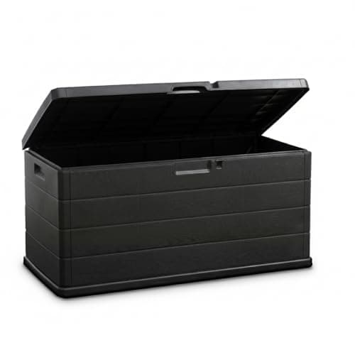 Image of Large Garden Storage Box with Lid - 340L Lockable Plastic Outdoor Storage for Parcels, Cushions, Tools, Logs and More - Grey, Water-Resistant Deck Box for Garden or Garage