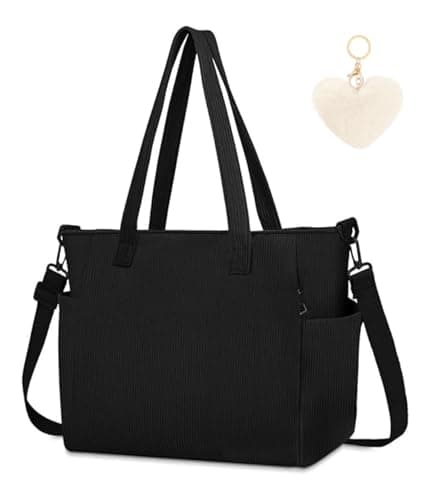 Image of Aucuu Corduroy Tote Bag, Women Corduroy Bag, Large Capacity Shoulder Bag, with Plush Charm and Detachable Shoulder Strap, Waterproof Hobos Handbags for Work School Shopping Travel Black