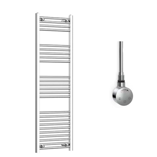 Image of Companyblue 450 x 1400mm Sparkling Chrome Electric Heated Towel Rail with Thermostatic Heating Element - Slim Tall Vertical Radiator - Pre-Filled Electric Towel Warmer