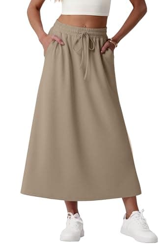 Image of GRECERELLE Women's Skirts with Pockets Elasticated Waist Midi Skirt A-Line Summer Casual Maxi Skirt Long Skirts for Women UK (Khaki, L)