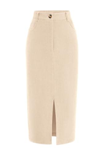Image of PRETTYGARDEN Corduroy Skirt Women Fall Fashion 2026 High Waisted Pencil Midi Skirts Business Casual Work Office Winter Outfit, Beige, 14