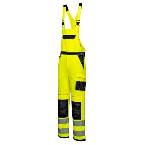 Image of Portwest PW344 Mens Hi Vis Bib and Brace Work Overalls Durable Texpel Stain Resistant Water Resistant Polycotton Dungarees Triple Stitch Multi Pockets Certified Workwear, Yellow/Black, Large