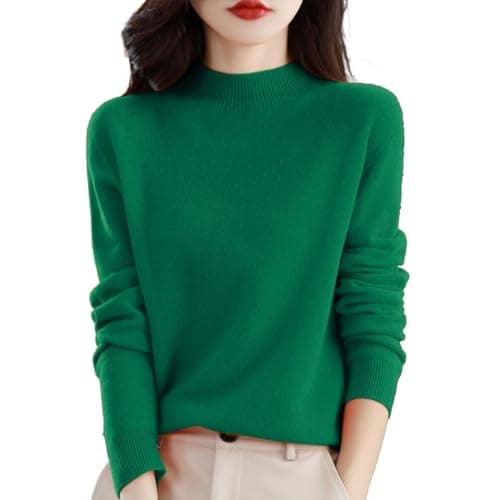 Image of Cashmere Jumpers Ladies Women's Semi Turtleneck Sweater Long Sleeve Solid Color Pullover with A Base Shirt Autumn and Winter Warm Loose Sweater Jumpers for Women UK Green