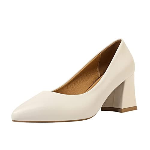 Image of UK 5.5 Ladies Pointed Toe Court Shoes -6 Cm Chunky Block Heels Wedding Party Elegant Slip on Pumps Shoes YL25DFG0207 Cream Footwear