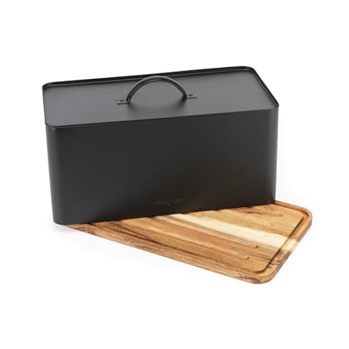 Image of Salter BW13564EU7 Toronto Bread Bin With Chopping Board – Countertop Storage Box With Wooden Base for Cutting & Serving, Rectangular Bread Holder Container for Kitchen, Easy To Clean, Acacia, Black