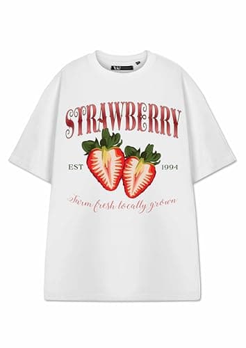 Image of Show Me The Merch Strawberry Women's White Short-Sleeved T-Shirt | Graphic Tee with Strawberry Design | Trendy Fruit Print Top | Summer Fashion Apparel for Women
