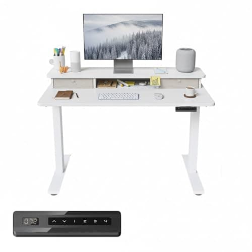 Image of FEZIBO Height Adjustable Electric Standing Desk with Double Drawer, 100 * 60cm Stand Up Table with Storage Shelf, Sit Stand Desk with Splice Board, White Frame/White Top