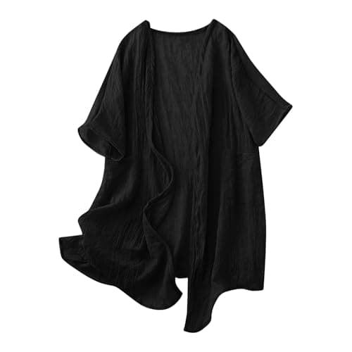 Image of Keepink Linen Cardigans for Women UK Summer Lightweight Tunic Cardigan Short Sleeve Shrugs Blazer Jackets Kimono Dress Cover Up Tops Open Front Casual Oversize Pocket Midi Long Duster