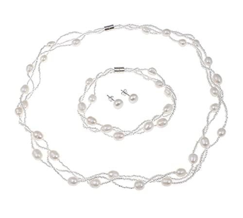 Image of Treasure Bay Natural Freshwater Pearl Necklace Bracelet and Earrings Pearl Jewellery Set (White)