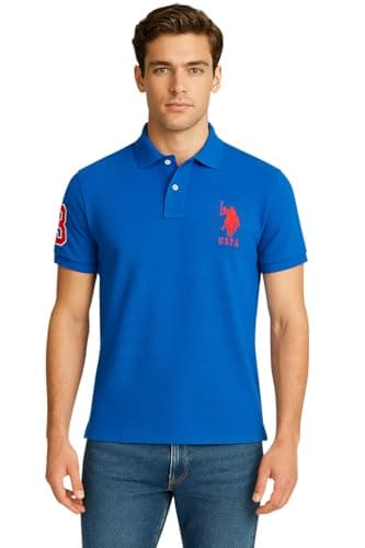 Image of U.S. Polo Assn. Men's Short-Sleeve Polo Shirt with Applique, Casual Summer Slim Fit Polo Shirt With Contrast Color, Blue Raft/Engine Red, XL