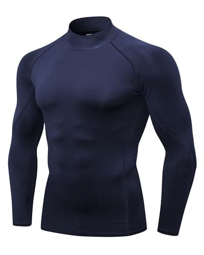 Image of POIHIDE Men's Compression Shirts Gym Workout Tops Long Sleeve Base Layer Sports Tops Activewear Quick Dry Muscle Fit Shirts Undershirts Training T Shirts Clothes Mock Turtleneck Navy Blue