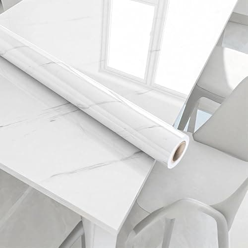 Image of White Marble Self-Adhesive Vinyl Wrap, 40cm x 10m Waterproof Wallpaper & Sticky Back Plastic Roll for Kitchen Worktop Covering, Furniture Protection, Bedroom, Bathroom & Home Wall Decoration